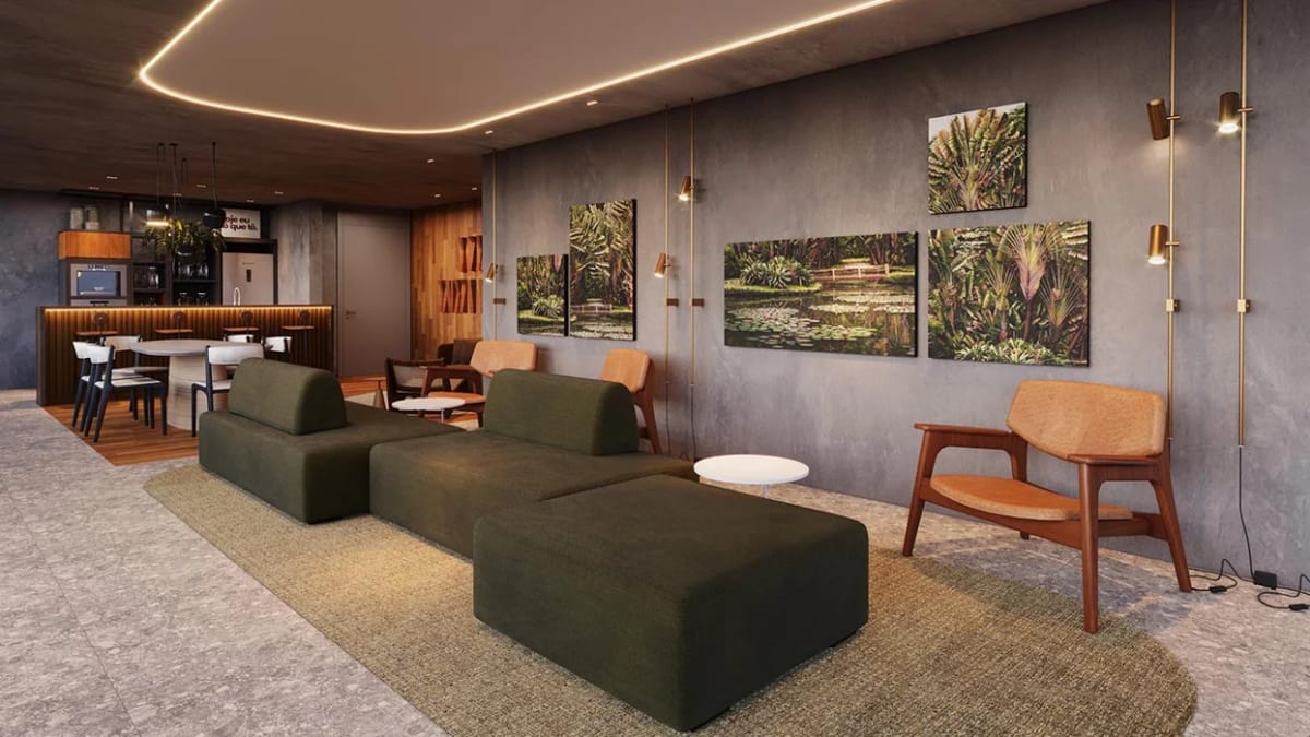 Lounge dos moradores com mobiliário contemporâneo