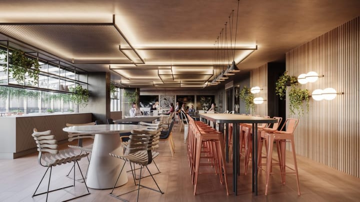Restaurante e espaço compartilhado para refeições no Connect Beira Mar