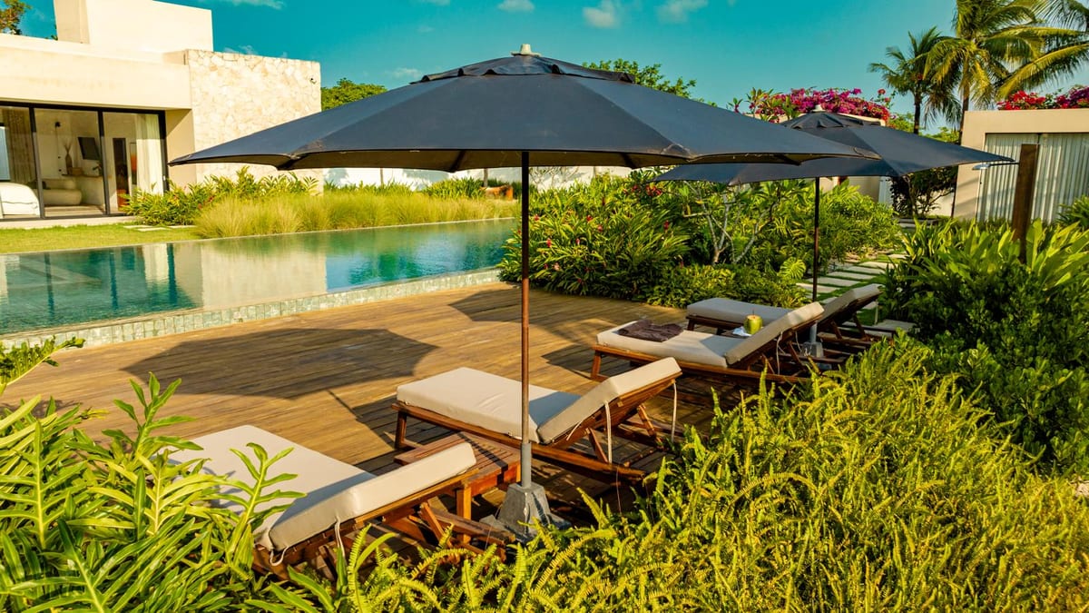 Piscina com espreguiçadeiras e paisagismo