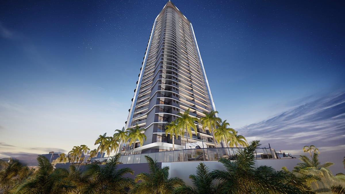 Vista monumental da torre residencial Wind
